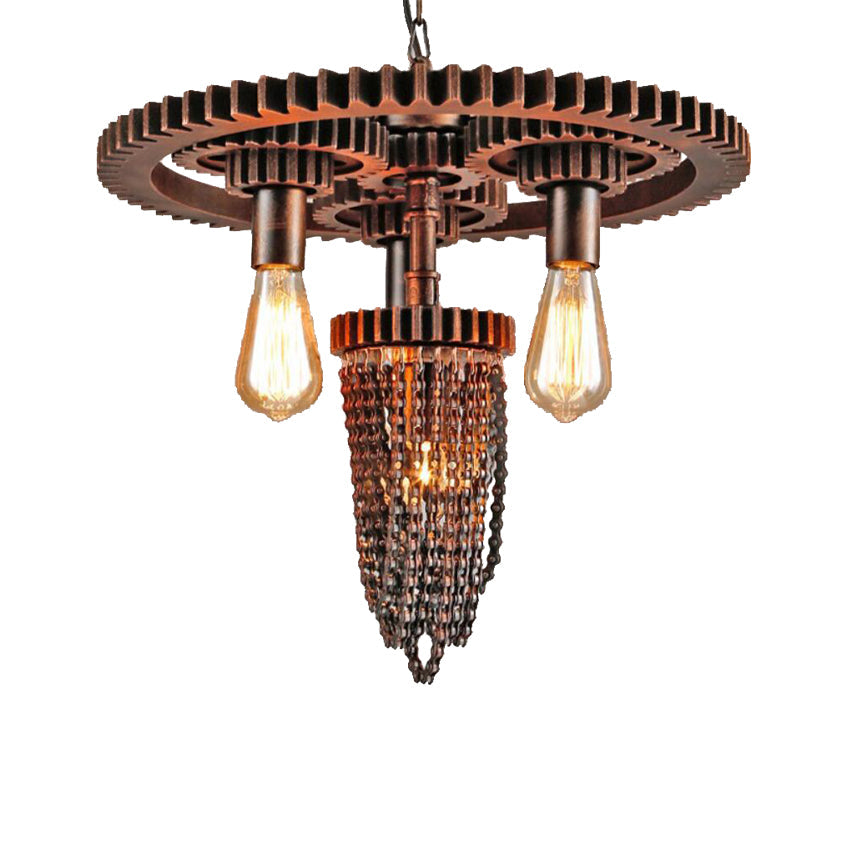 Metallic Gear Hanging Chandelier Vintage 3 Heads Restaurant Ceiling Pendant in Rust Clearhalo 'Cast Iron' 'Ceiling Lights' 'Chandeliers' 'Industrial Chandeliers' 'Industrial' 'Metal' 'Middle Century Chandeliers' 'Rustic Chandeliers' 'Tiffany' Lighting' 1787973