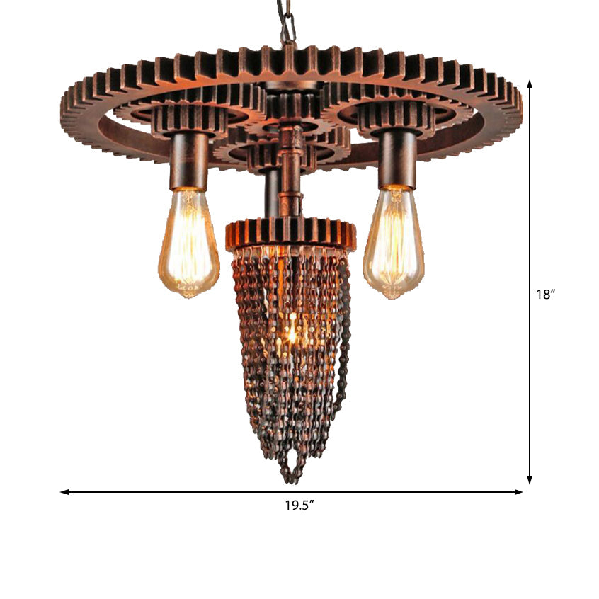 Metallic Gear Hanging Chandelier Vintage 3 Heads Restaurant Ceiling Pendant in Rust Clearhalo 'Cast Iron' 'Ceiling Lights' 'Chandeliers' 'Industrial Chandeliers' 'Industrial' 'Metal' 'Middle Century Chandeliers' 'Rustic Chandeliers' 'Tiffany' Lighting' 1787974