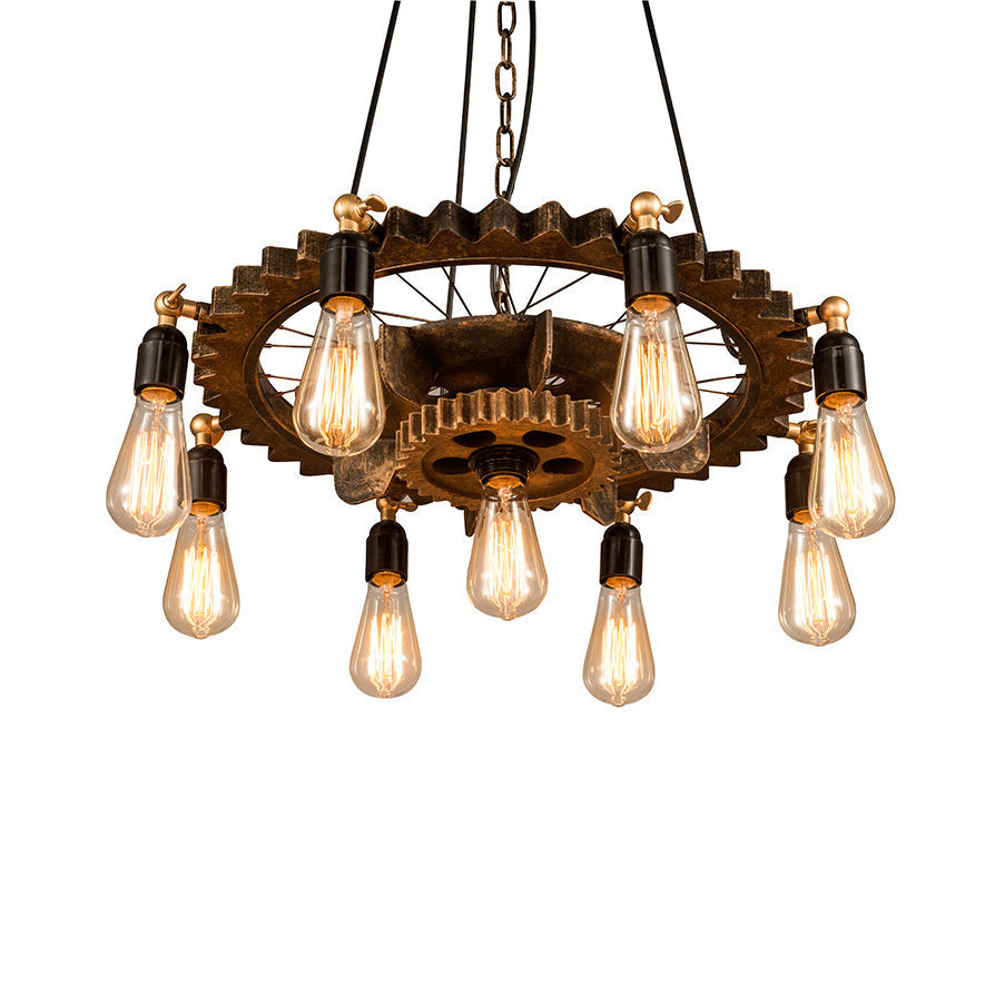 2 Tiers Gear Restaurant Chandelier Light Antique Metallic 9-Bulb Rust Suspended Lighting Fixture Clearhalo 'Cast Iron' 'Ceiling Lights' 'Chandeliers' 'Industrial Chandeliers' 'Industrial' 'Metal' 'Middle Century Chandeliers' 'Rustic Chandeliers' 'Tiffany' Lighting' 1787977