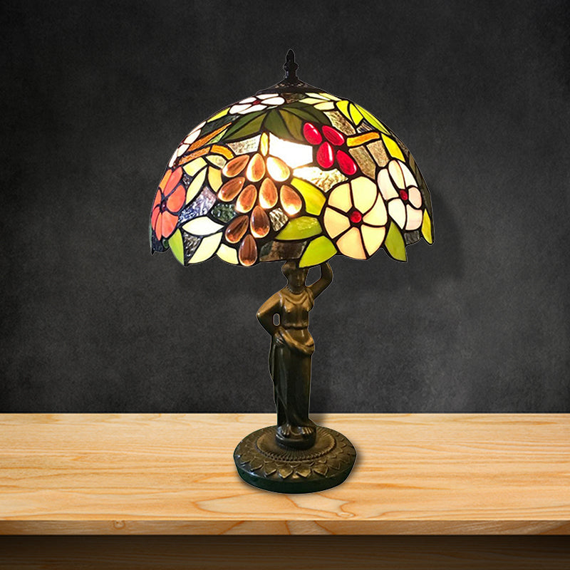 Bird/Grape/Flower Pattern Desk Light with Working Women Base 1 Head Tiffany Rustic Stained Glass Desk Lamp for Bedroom Clearhalo 'Lamps' 'Table Lamps' Lighting' 178805