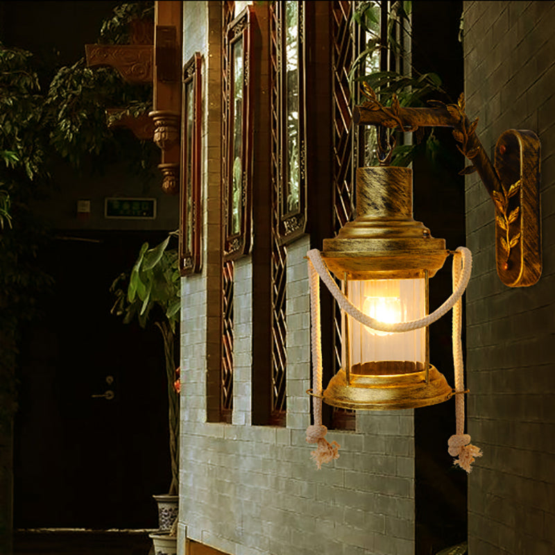 Lantern Corridor Wall Mount Lighting Farmhouse Metal 1 Bulb Brass Sconce Lamp with Branch Arm Brass Clearhalo 'Art deco wall lights' 'Cast Iron' 'Glass' 'Industrial wall lights' 'Industrial' 'Middle century wall lights' 'Modern' 'Rustic wall lights' 'Tiffany' 'Traditional wall lights' 'Wall Lamps & Sconces' 'Wall Lights' Lighting' 1788275