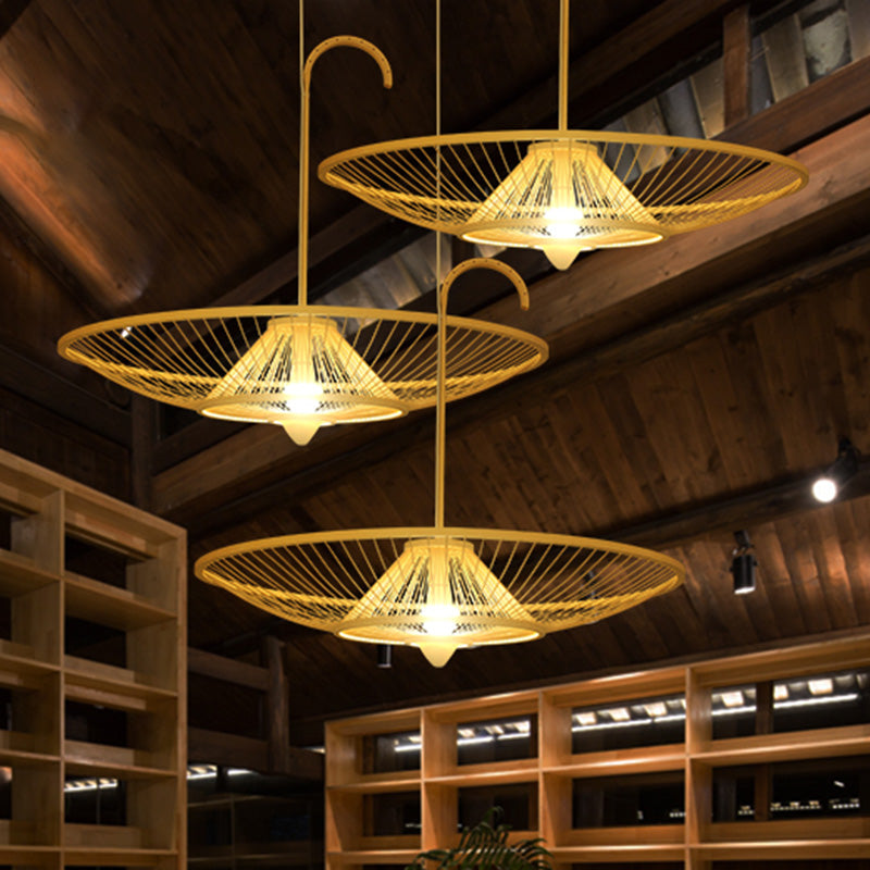 Bamboo Umbrella Down Lighting Pendant Asian Style Single Bulb Beige Suspension Lamp for Restaurant Clearhalo 'Ceiling Lights' 'Pendant Lights' 'Pendants' Lighting' 1788320