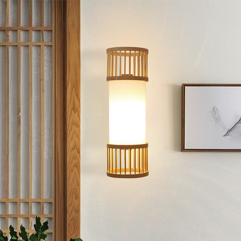 Asian Style Single Bulb Wall Lamp Sconce Beige Cylinder Wall Lighting with Wooden Shade Clearhalo 'Wall Lamps & Sconces' 'Wall Lights' Lighting' 1788335