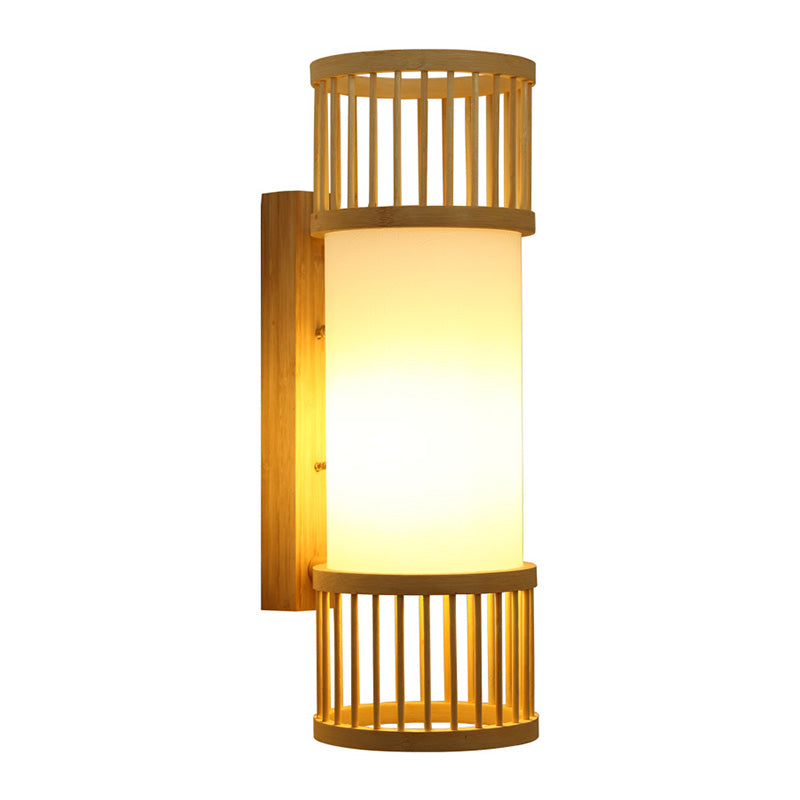 Asian Style Single Bulb Wall Lamp Sconce Beige Cylinder Wall Lighting with Wooden Shade Clearhalo 'Wall Lamps & Sconces' 'Wall Lights' Lighting' 1788338