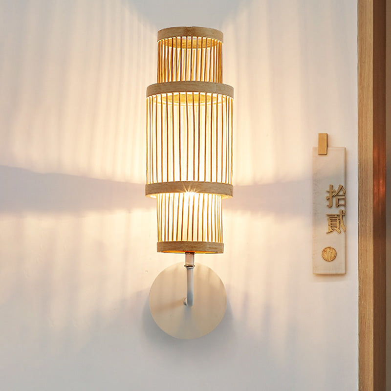 Cylinder Wall Lamp Fixture Asian Style Bamboo Single Bulb Wood Wall Lighting with Curved Arm for Restaurant Wood Clearhalo 'Wall Lamps & Sconces' 'Wall Lights' Lighting' 1788352