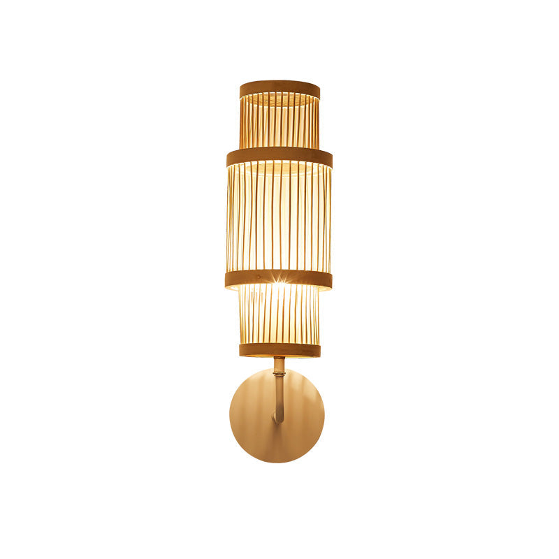 Cylinder Wall Lamp Fixture Asian Style Bamboo Single Bulb Wood Wall Lighting with Curved Arm for Restaurant Clearhalo 'Wall Lamps & Sconces' 'Wall Lights' Lighting' 1788354