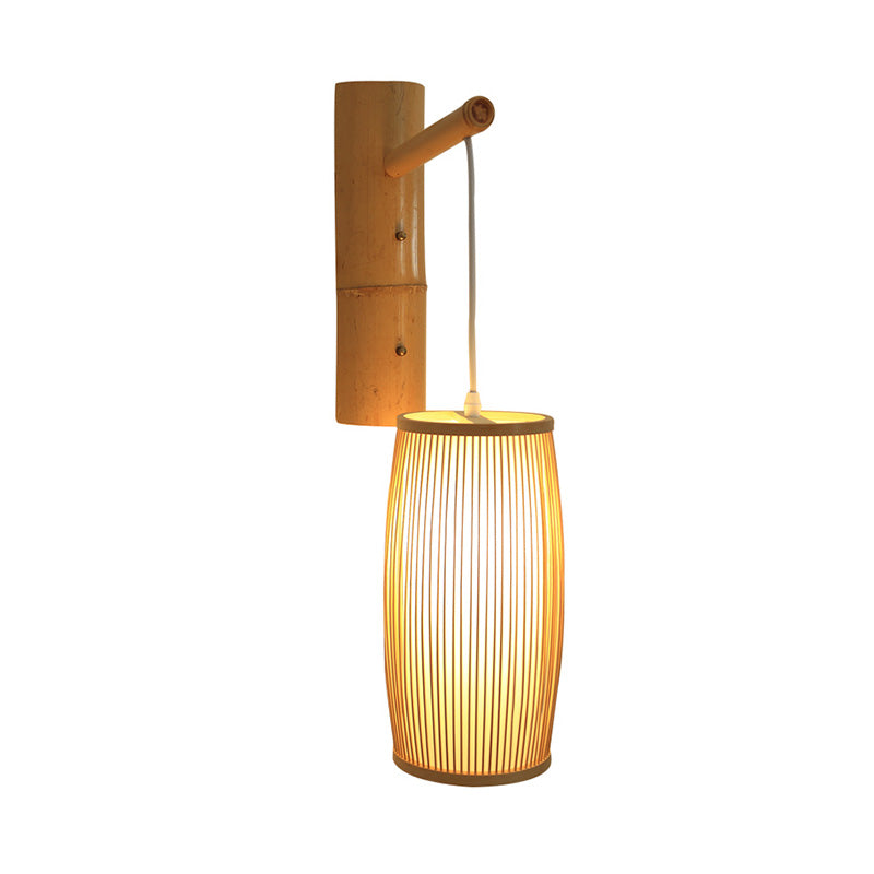 Single Head Hallway Wall Hanging Light Asian Style Wood Wall Mounted Lamp with Basket Bamboo Shade Clearhalo 'Wall Lamps & Sconces' 'Wall Lights' Lighting' 1788369