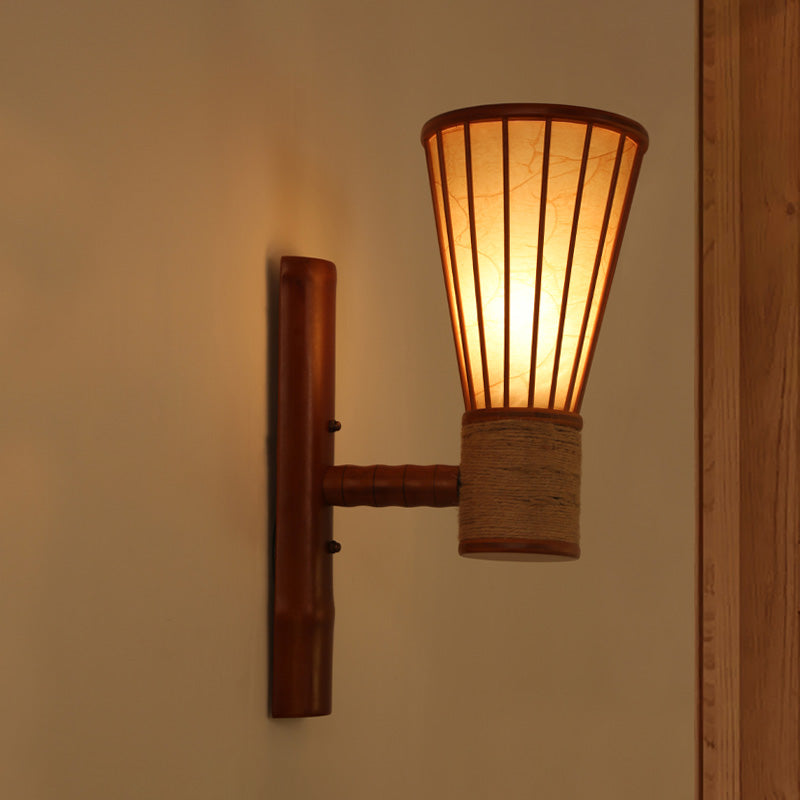 Bamboo Wide Flare Wall Mounted Light Fixture Asian Style Single Head Red Brown Wall Lamp Sconce for Bedroom Clearhalo 'Wall Lamps & Sconces' 'Wall Lights' Lighting' 1788376