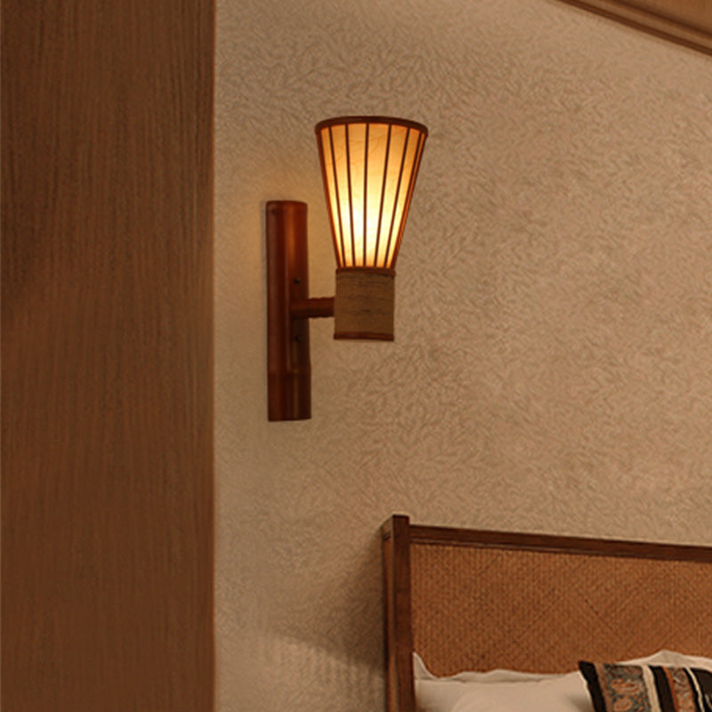 Bamboo Wide Flare Wall Mounted Light Fixture Asian Style Single Head Red Brown Wall Lamp Sconce for Bedroom Clearhalo 'Wall Lamps & Sconces' 'Wall Lights' Lighting' 1788378