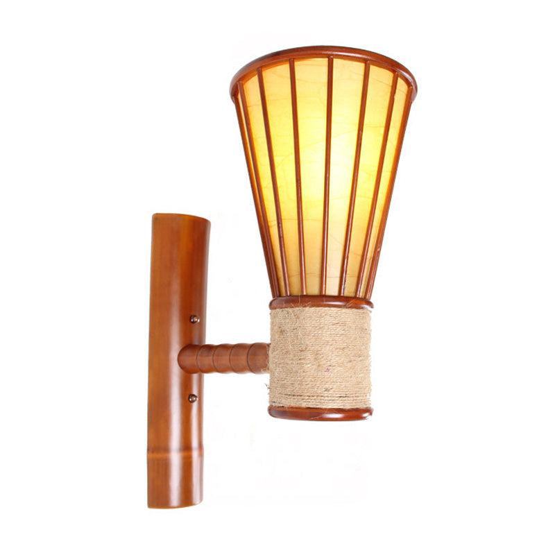 Bamboo Wide Flare Wall Mounted Light Fixture Asian Style Single Head Red Brown Wall Lamp Sconce for Bedroom Clearhalo 'Wall Lamps & Sconces' 'Wall Lights' Lighting' 1788379