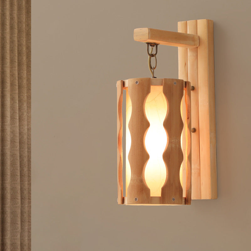 Cylinder Wall Mount Lamp Asian Style Wood Single Head Khaki Sconce Light Fixture for Restaurant Wood Clearhalo 'Wall Lamps & Sconces' 'Wall Lights' Lighting' 1788382