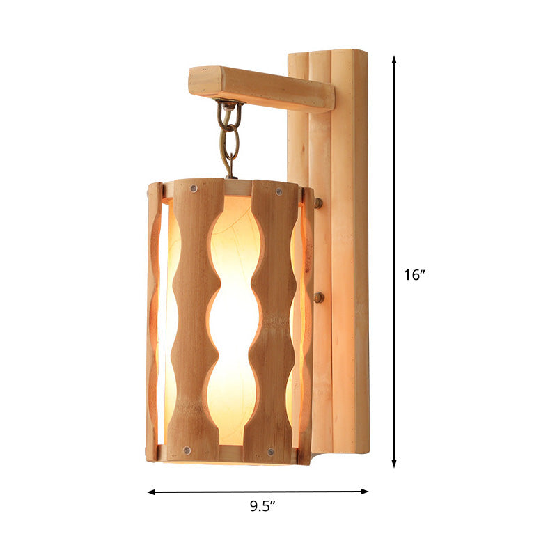 Cylinder Wall Mount Lamp Asian Style Wood Single Head Khaki Sconce Light Fixture for Restaurant Clearhalo 'Wall Lamps & Sconces' 'Wall Lights' Lighting' 1788385