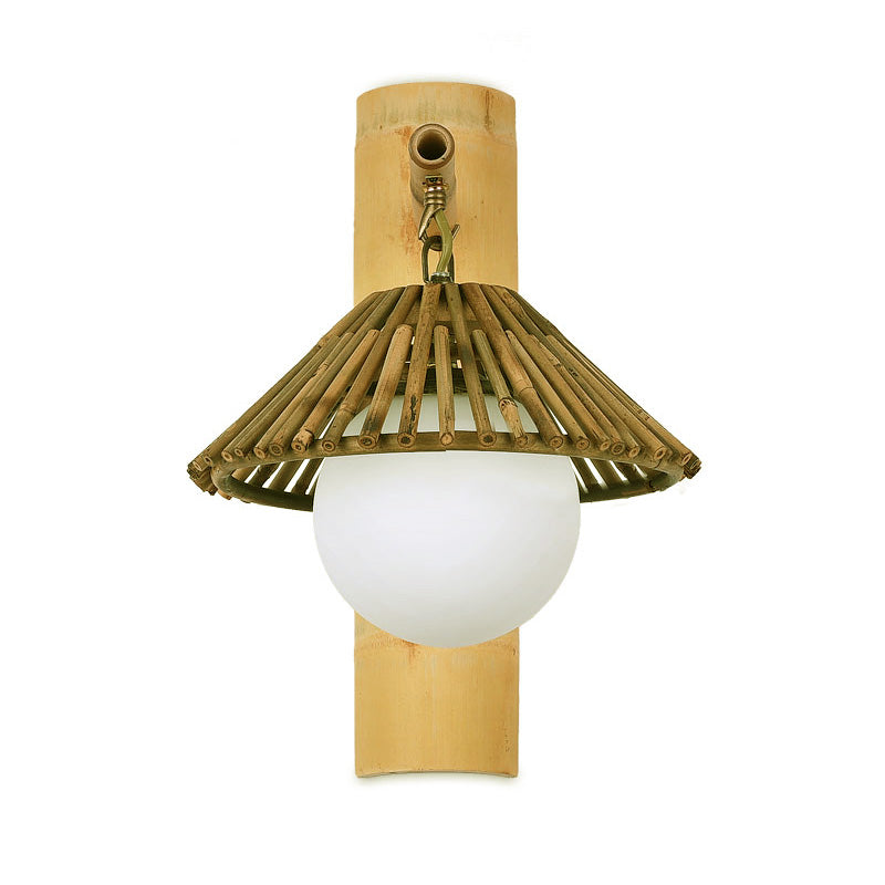 Conical Wall Sconce Lighting Asian Style Bamboo Single Bulb Wood Wall Lamp Fixture with Global White Glass Shade Clearhalo 'Wall Lamps & Sconces' 'Wall Lights' Lighting' 1788394