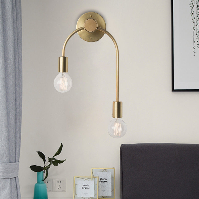 Swoop Arm Iron Wall Mounted Lamp Minimalist 2-Light Black/Gold Sconce Lighting with Bare Bulb Design Gold Clearhalo 'Cast Iron' 'Glass' 'Industrial' 'Modern wall lights' 'Modern' 'Tiffany' 'Traditional wall lights' 'Wall Lamps & Sconces' 'Wall Lights' Lighting' 1788548