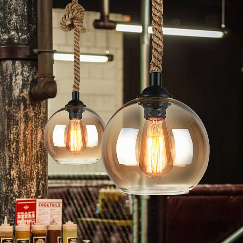 Amber/Clear Glass Ball Hanging Lighting Industrial 1 Head Restaurant Ceiling Pendant Lamp with Rope Rod 8