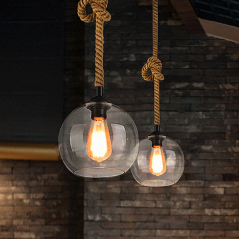 Amber/Clear Glass Ball Hanging Lighting Industrial 1 Head Restaurant Ceiling Pendant Lamp with Rope Rod Clear 10