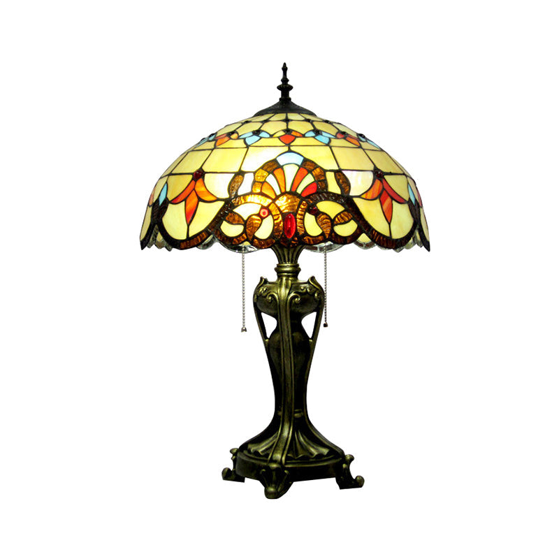 Villa Sunflower Desk Light with Pull Chain Stained Glass 2 Lights Rustic Tiffany Reading Light in Orange/Beige Clearhalo 'Lamps' 'Table Lamps' Lighting' 178867