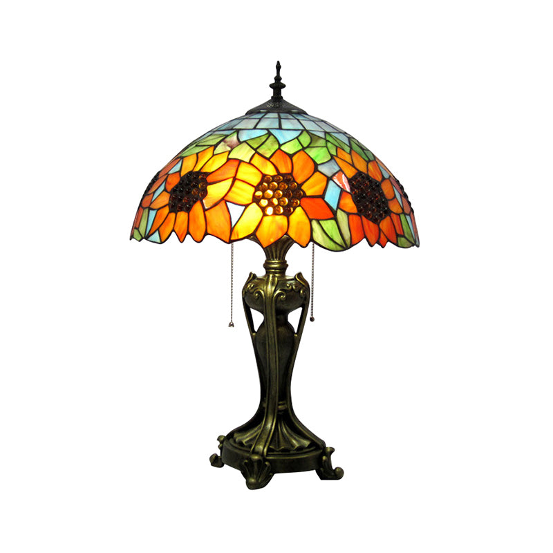 Villa Sunflower Desk Light with Pull Chain Stained Glass 2 Lights Rustic Tiffany Reading Light in Orange/Beige Clearhalo 'Lamps' 'Table Lamps' Lighting' 178870