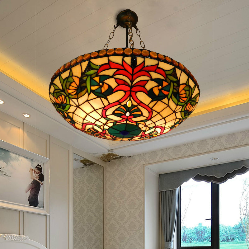 Stained Glass Shallow Bowl Hanging Light Tiffany Style Chandelier in Antique Bronze for Cloth Shop Antique Bronze Clearhalo 'Ceiling Lights' 'Chandeliers' 'Industrial' 'Middle Century Chandeliers' 'Tiffany Chandeliers' 'Tiffany close to ceiling' 'Tiffany' Lighting' 178886