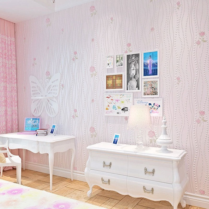 Pastel Color Floral Pattern Wallpaper Water-Resistant Wall Covering for Girl's Bedroom, 20.5