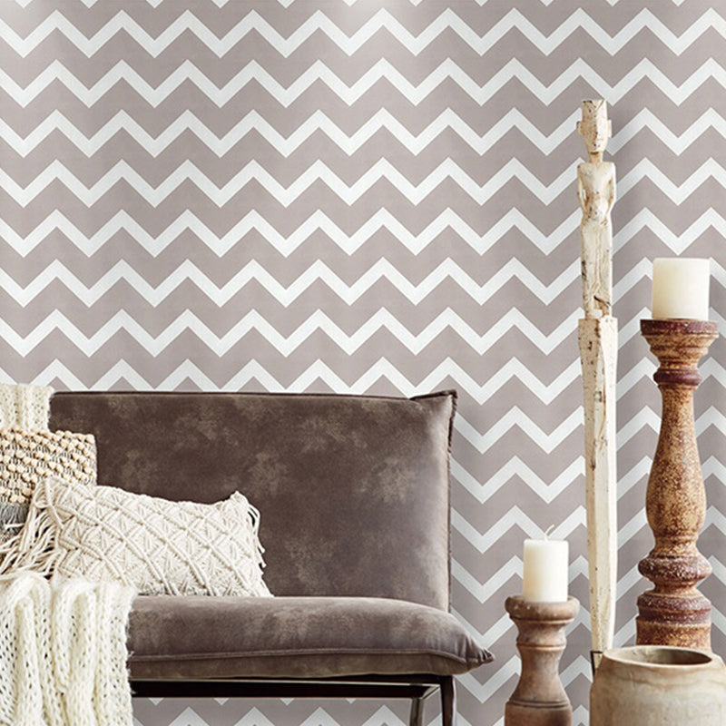 Non-Pasted Wallpaper with Grey and White Wave Stripes of Chevron Design, 33'L x 20.5