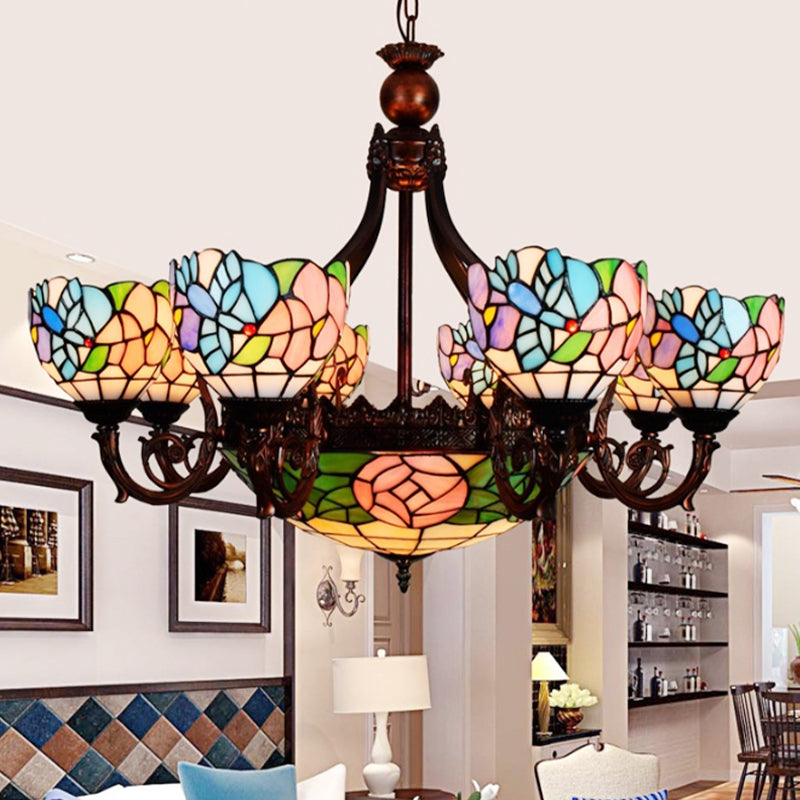 Multi-Head Bird Rose Chandelier Rustic Tiffany Stained Glass Hanging Light in Pink for Villa Pink Clearhalo 'Ceiling Lights' 'Chandeliers' 'Industrial' 'Middle Century Chandeliers' 'Tiffany Chandeliers' 'Tiffany close to ceiling' 'Tiffany' Lighting' 178898