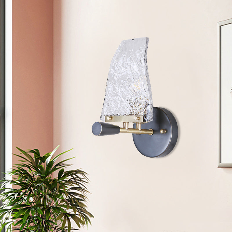 Textured Glass Sail Ship Wall Light Minimalist Novelty 1 Bulb Black Sconce Fixture for Bedroom Clearhalo 'Cast Iron' 'Glass' 'Industrial' 'Modern wall lights' 'Modern' 'Tiffany' 'Traditional wall lights' 'Wall Lamps & Sconces' 'Wall Lights' Lighting' 1789127