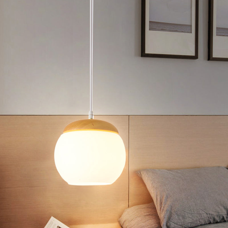 Sphere Hanging Light Fixture Simple Milky Glass 1-Head Wood Drop Pendant for Bedside Clearhalo 'Ceiling Lights' 'Close To Ceiling Lights' 'Glass shade' 'Glass' 'Modern Pendants' 'Modern' 'Pendant Lights' 'Pendants' Lighting' 1789289