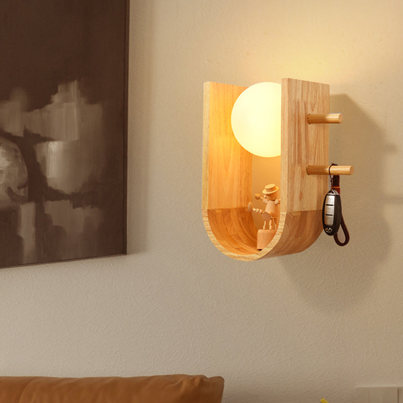 Wooden Half Oblong Sconce Light Modern Creative 1 Bulb Flush Mount Wall Light with Rack Design Clearhalo 'Modern wall lights' 'Modern' 'Wall Lamps & Sconces' 'Wall Lights' Lighting' 1789511