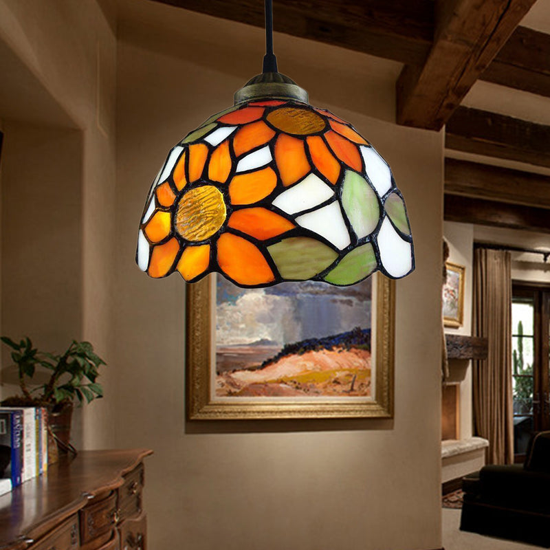 1 Head Suspension Lighting Baroque Bowl Orange Stained Glass Ceiling Hanging Light for Living Room Orange Clearhalo 'Ceiling Lights' 'Industrial' 'Middle Century Pendants' 'Pendant Lights' 'Pendants' 'Tiffany close to ceiling' 'Tiffany Pendants' 'Tiffany' Lighting' 178963