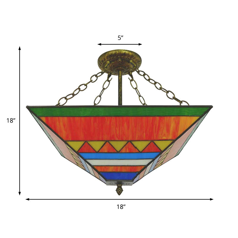 Tiffany Stylish Inverted Semi Flush Mount Light with Trapezoid Stained Shade Glass Ceiling Lamp in Orange/Yellow Clearhalo 'Ceiling Lights' 'Close To Ceiling Lights' 'Close to ceiling' 'Glass shade' 'Glass' 'Pendant Lights' 'Semi-flushmount' 'Tiffany close to ceiling' 'Tiffany' Lighting' 179026