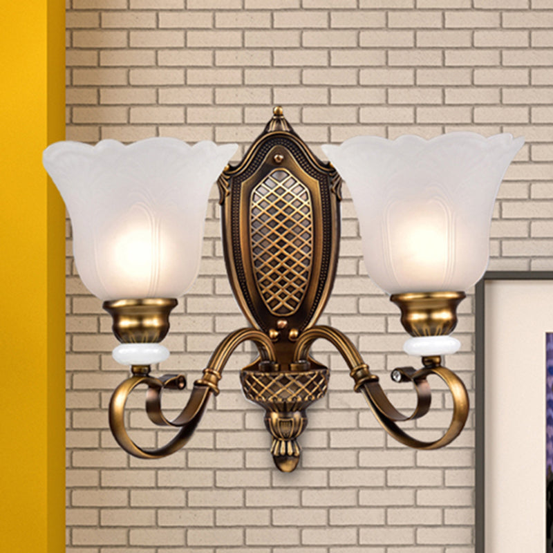 Retro Floral Sconce Light Fixture 1/2-Light White Glass Wall Mounted Light with Metal Curved Arm in Bronze Clearhalo 'Wall Lamps & Sconces' 'Wall Lights' Lighting' 1791233