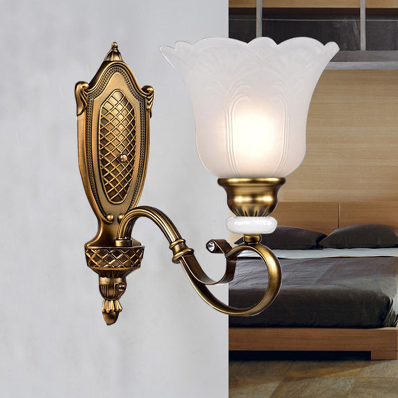 Retro Floral Sconce Light Fixture 1/2-Light White Glass Wall Mounted Light with Metal Curved Arm in Bronze Clearhalo 'Wall Lamps & Sconces' 'Wall Lights' Lighting' 1791235