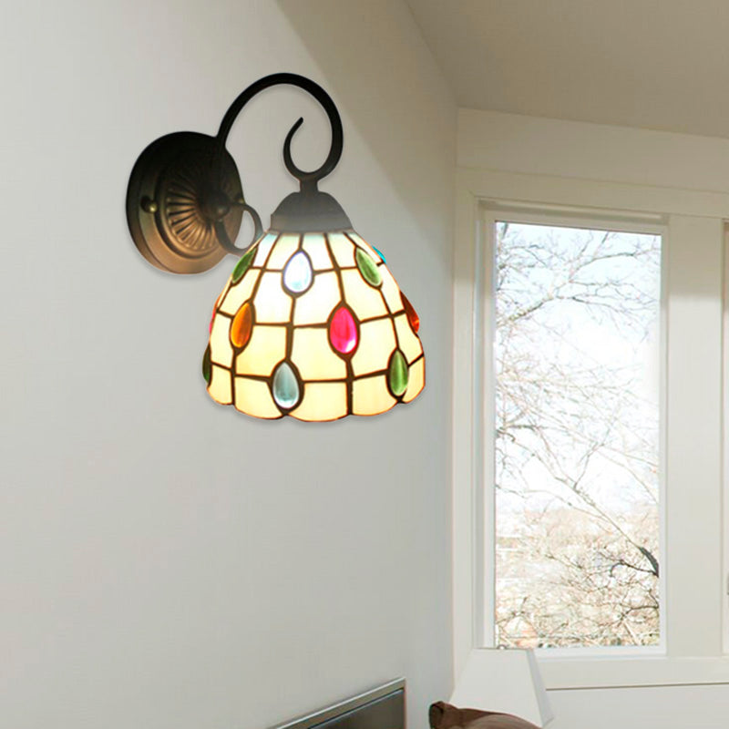 Tiffany Dome Wall Sconce with Colorful Jewelry Art Glass 1 Light Wall Light in Blue/Clear for Restaurant Beige Clearhalo 'Industrial' 'Middle century wall lights' 'Tiffany wall lights' 'Tiffany' 'Wall Lamps & Sconces' 'Wall Lights' Lighting' 179124