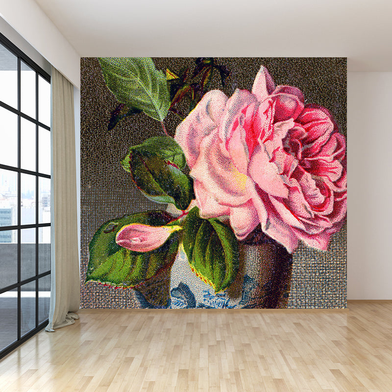 Flower Blossom and Vase Mural Decal Modern Non-Woven Textured Wall Covering in Pink Clearhalo 'Wall Decor' 'Wall Mural' 1791699