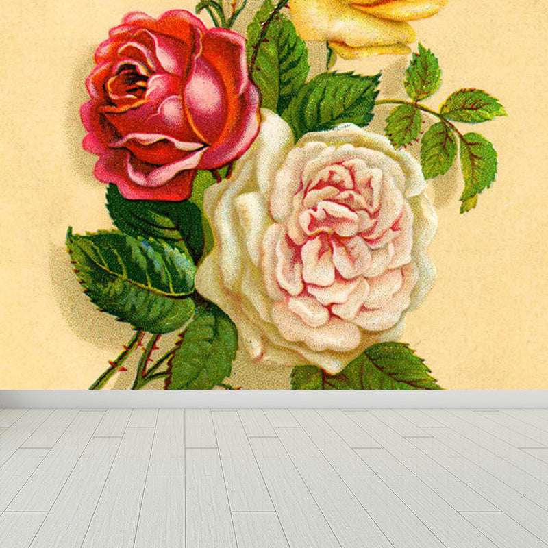 Modern Rose Flower Wall Mural Non-Woven Stain Resistant Beige Wall Art for Kitchen Clearhalo 'Wall Decor' 'Wall Mural' 1791718