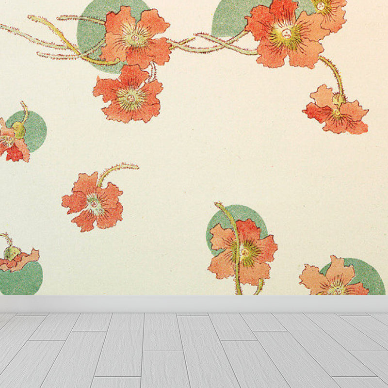 Orange Floral Printed Mural Decal Stain Resistant Contemporary Bathroom Wall Covering Clearhalo 'Wall Decor' 'Wall Mural' 1791758