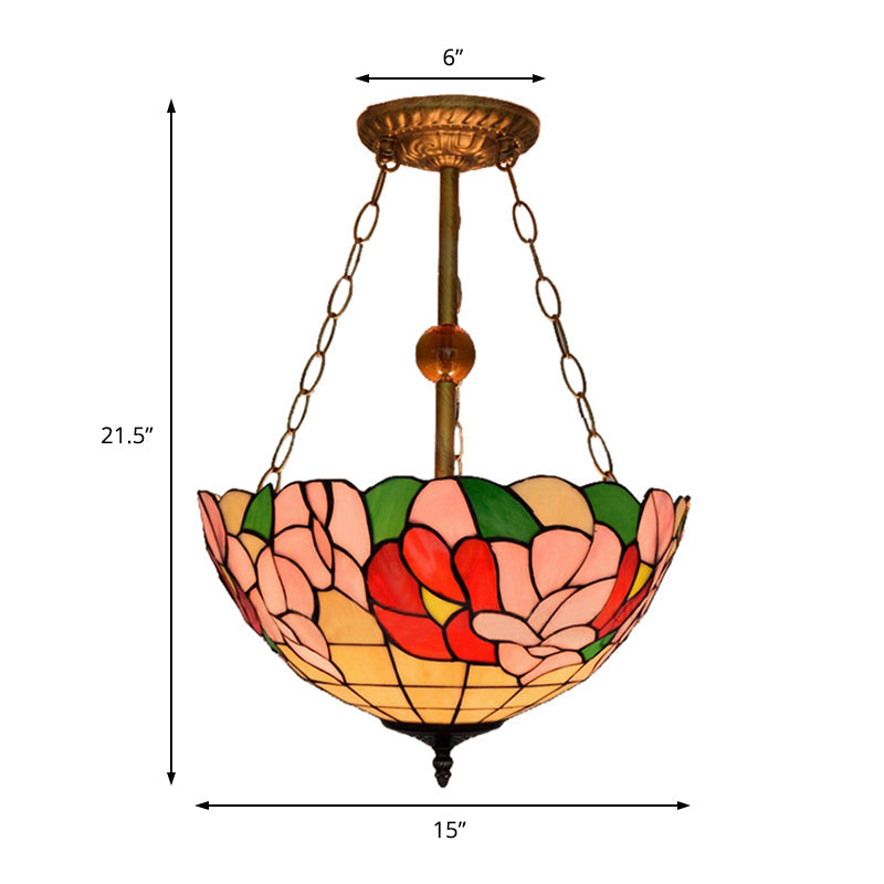 Blossom Inverted Semi Flush Mount Light with Flower/Morning Glory Pattern Tiffany Antique Stained Glass Ceiling Fixture Clearhalo 'Ceiling Lights' 'Chandeliers' 'Close To Ceiling Lights' 'Close to ceiling' 'Glass shade' 'Glass' 'Semi-flushmount' 'Tiffany close to ceiling' 'Tiffany' Lighting' 179219