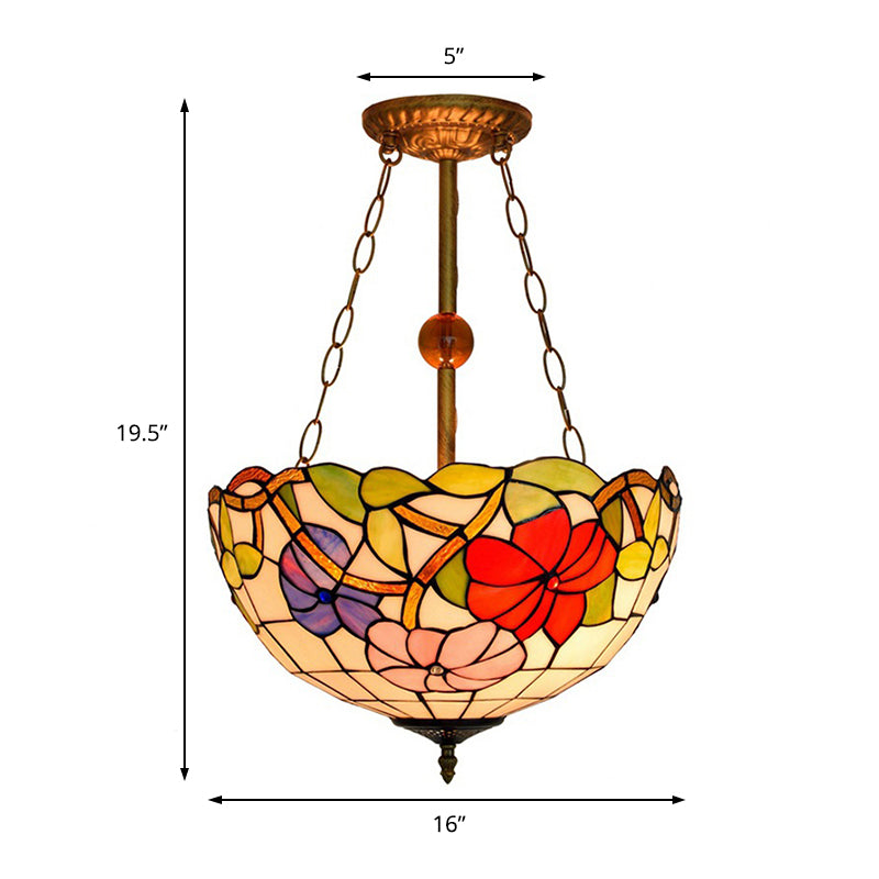 Blossom Inverted Semi Flush Mount Light with Flower/Morning Glory Pattern Tiffany Antique Stained Glass Ceiling Fixture Clearhalo 'Ceiling Lights' 'Chandeliers' 'Close To Ceiling Lights' 'Close to ceiling' 'Glass shade' 'Glass' 'Semi-flushmount' 'Tiffany close to ceiling' 'Tiffany' Lighting' 179222