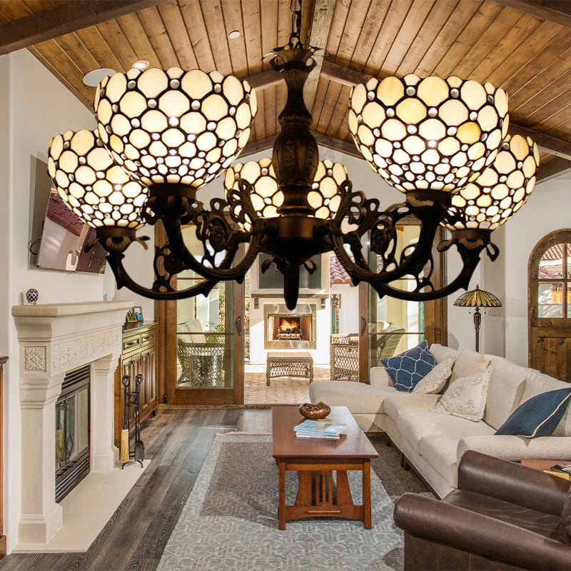 Living Room Bowl Chandelier with Bead Glass Metal Traditional Hanging Light in Beige/Orange Clearhalo 'Ceiling Lights' 'Chandeliers' 'Close To Ceiling Lights' 'Industrial' 'Middle Century Chandeliers' 'Tiffany Chandeliers' 'Tiffany close to ceiling' 'Tiffany' Lighting' 179247