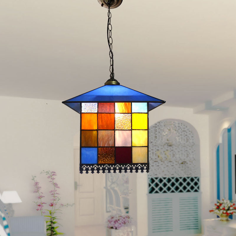 Blue 1 Light Hanging Lamp Tiffany Stylish Stainless Glass House Shade Pendant Lighting Fixture, 6