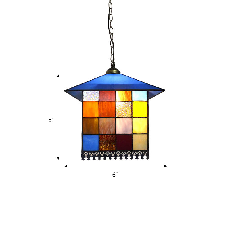 Blue 1 Light Hanging Lamp Tiffany Stylish Stainless Glass House Shade Pendant Lighting Fixture, 6