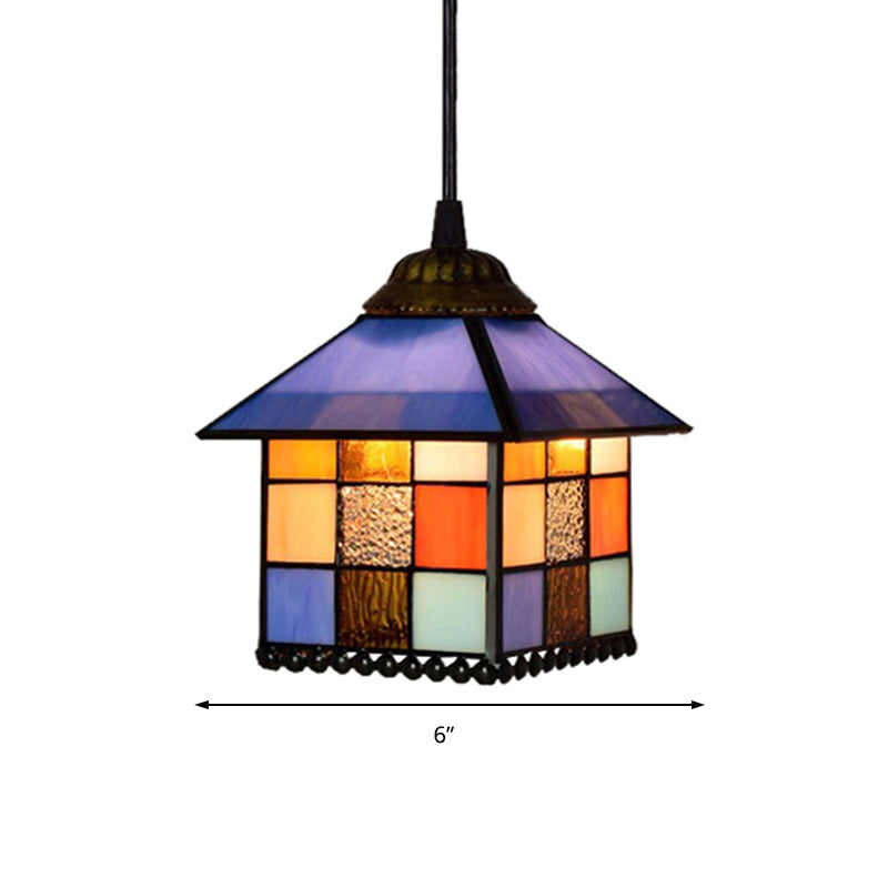 Blue 1 Light Hanging Lamp Tiffany Stylish Stainless Glass House Shade Pendant Lighting Fixture, 6