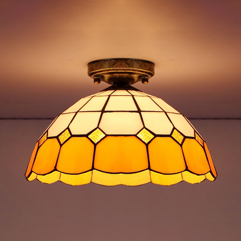 Scalloped Bowl Flush Lighting with Baroque/Gem/Square/Blue Square/Yellow Square Pattern Tiffany Style Stained Glass 1 Bulb Flush Ceiling Light Antique Bronze Yellow Square Clearhalo 'Ceiling Lights' 'Close To Ceiling Lights' 'Close to ceiling' 'Glass shade' 'Glass' 'Semi-flushmount' 'Tiffany close to ceiling' 'Tiffany' Lighting' 179312