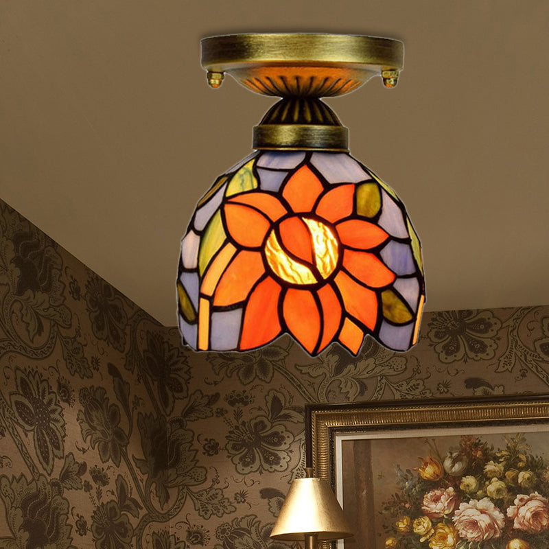 Corridor Craftsman LED Ceiling Mount Light Stained Glass 1 Bulb Ceiling Lamp in White/Beige/Orange/Blue/Blue-Pink/Blue-White for Foyer Orange Clearhalo 'Ceiling Lights' 'Close To Ceiling Lights' 'Close to ceiling' 'Glass shade' 'Glass' 'Semi-flushmount' 'Tiffany close to ceiling' 'Tiffany' Lighting' 179350