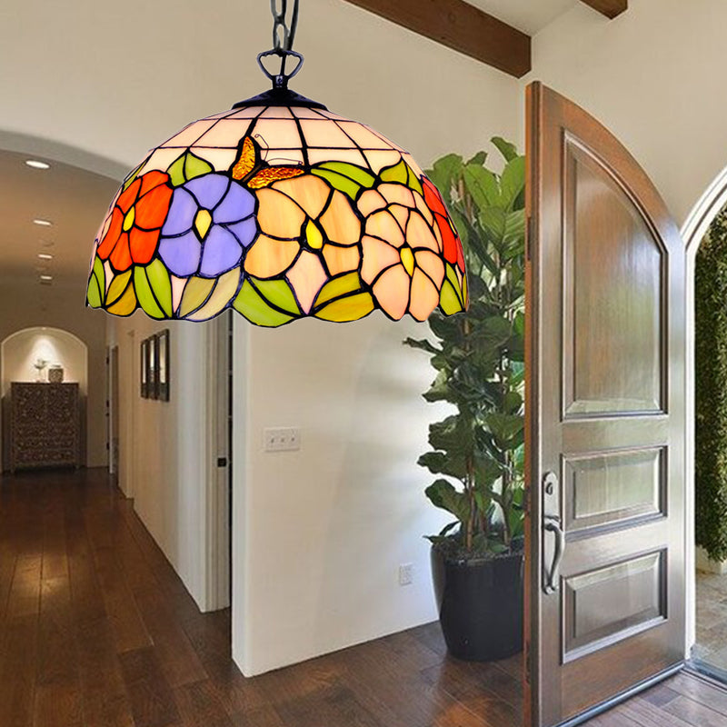 Hemisphere Down Lighting Tiffany-Style 1 Head Black Stained Art Glass Ceiling Hanging Light, 12