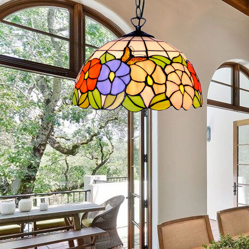 Hemisphere Down Lighting Tiffany-Style 1 Head Black Stained Art Glass Ceiling Hanging Light, 12