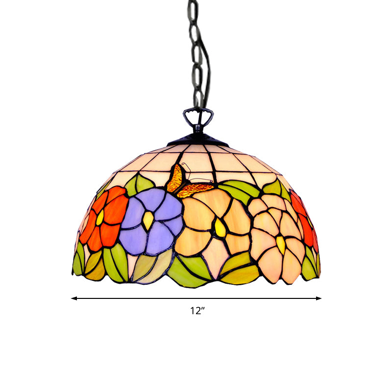 Hemisphere Down Lighting Tiffany-Style 1 Head Black Stained Art Glass Ceiling Hanging Light, 12