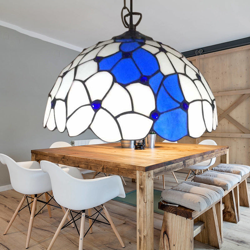 Blue-White Hand Cut Glass Domed Pendant Lamp Baroque 1 Head Ceiling Hanging Light for Dining Room Blue-White Clearhalo 'Ceiling Lights' 'Industrial' 'Middle Century Pendants' 'Pendant Lights' 'Pendants' 'Tiffany close to ceiling' 'Tiffany Pendants' 'Tiffany' Lighting' 179402