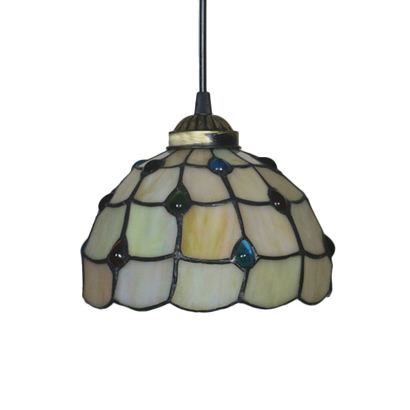 Stained Glass Beige Pendant Lamp Beaded 1 Bulb Tiffany Hanging Light Kit for Study, 8